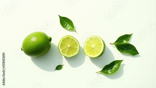 Wallpaper Mural Flying lime accompanied by slices and leaves arranged separately on a white background. Torontodigital.ca