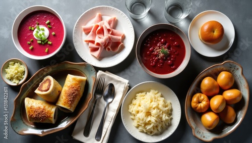 Wallpaper Mural Assortment of traditional food dishes. Top view of cuisine, space for text. Torontodigital.ca