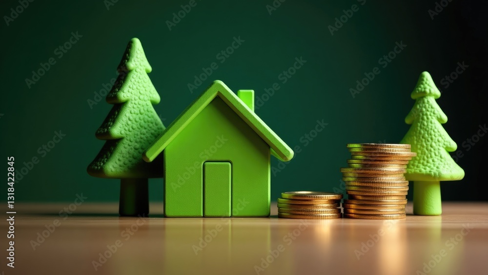 Growing stacks of coins alongside a green house. The economy and efficiency of green technology in housing. Autonomy and self-sufficiency. A negative carbon footprint. Growing stacks of coins alongside a green house. The economy and efficiency of green technology in housing. Autonomy and self-sufficiency. A negative carbon footprint.