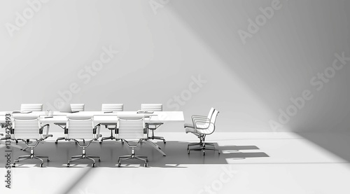 Modern Meeting Space: A minimalist and contemporary conference room bathed in soft, natural light. The pristine arrangement of a long table and chairs invites collaboration.