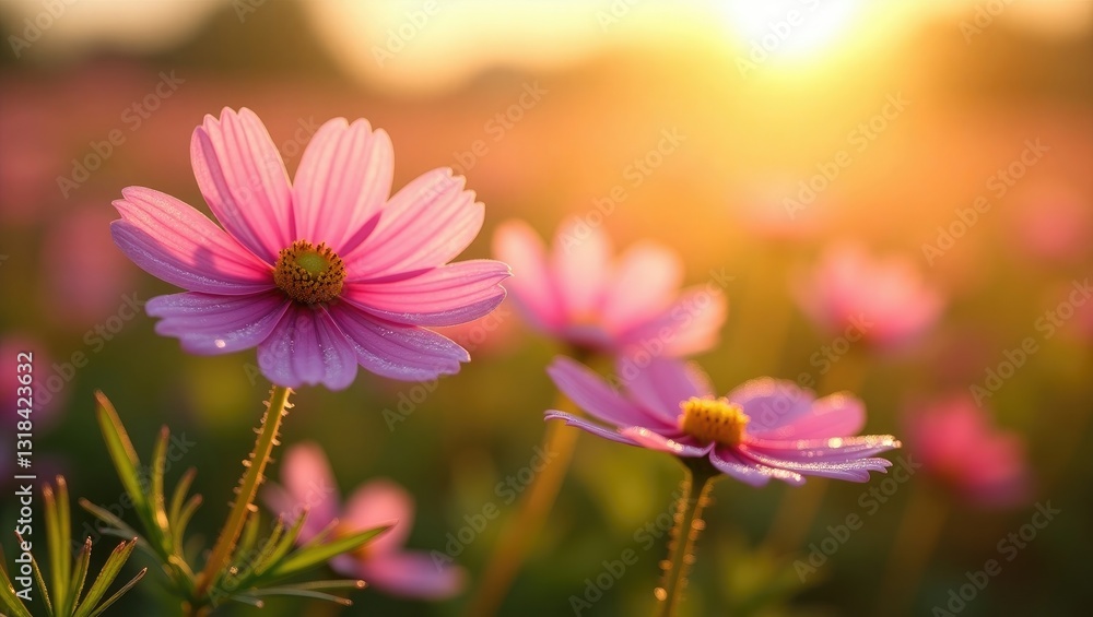 Flower meadow field in morning light, closeup macro view of flowers in sunlight. Flower meadow field in morning light, closeup macro view of flowers in sunlight.