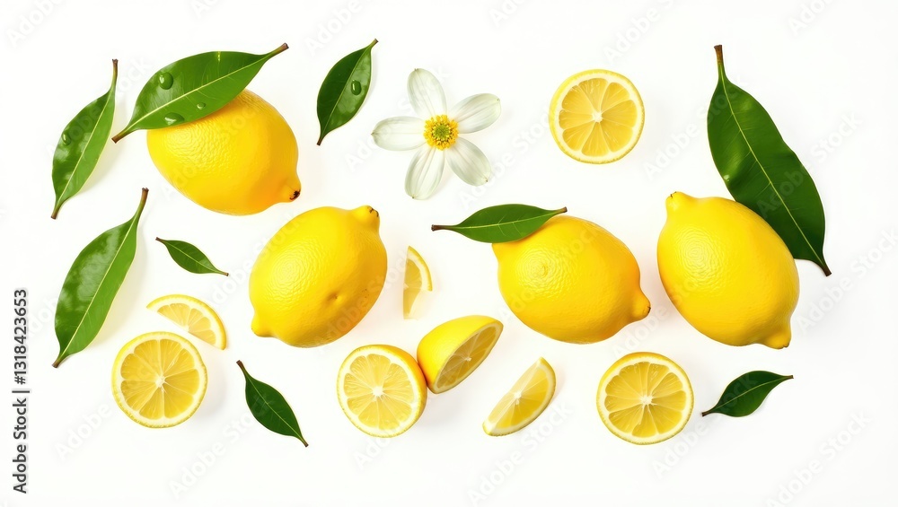 Fresh lemon with slices and flower accompanied by green leaf against a white backdrop. Lemon pattern idea. Fresh lemon with slices and flower accompanied by green leaf against a white backdrop. Lemon pattern idea.