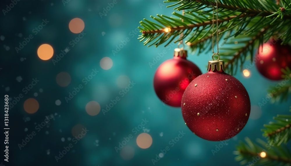 Naklejka premium Glittery ornaments hanging from a Christmas tree branch, greenery, winter wonderland, twinkle lights