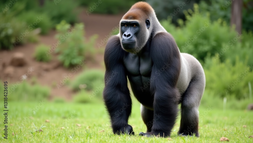 Naklejka premium Gorilla standing in lush green grass