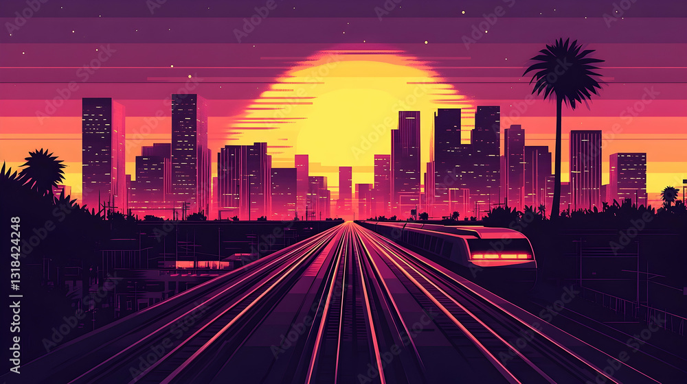 Fototapeta premium Pixel Art Sunset Cityscape With Highway And Train Tracks