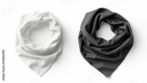 Blank black and white silk twill scarf mockup, top-down view, 3D rendering. Unused tweed or silk headscarf accessories mockup, isolated. Transparent fabric or chiffon square neckerchief cover templ...
