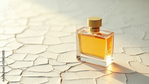 A clear male perfume bottle is positioned on a weathered, sand white surface. The intricate background adds a vintage touch, accentuating the sophistication of the fragrance container.