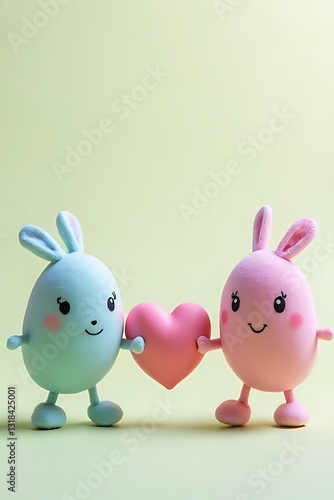 Playful bunny characters sharing a heart soft green background cute illustrative art whimsical design heartwarming concept photo