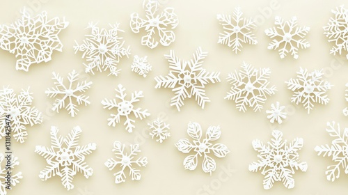 Snowflakes meticulously cut from ivory paper on a soft cream background, overhead.