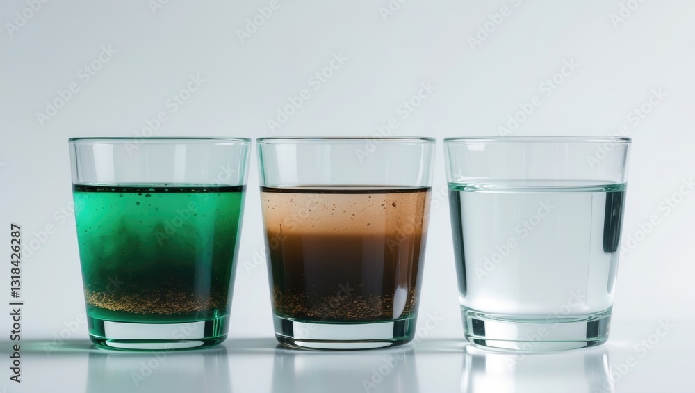 Glasses containing clean and dirty water against a white background Glasses containing clean and dirty water against a white background