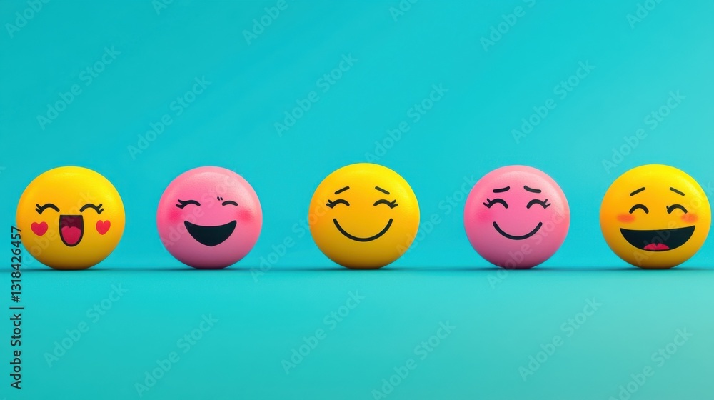 Colorful emoji balls displaying various facial expressions against a bright blue background. Colorful emoji balls displaying various facial expressions against a bright blue background.