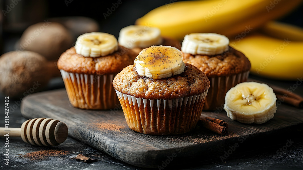 Delicious Banana Muffins with Cinnamon and Honey on a Rustic Wooden Board Delicious Banana Muffins with Cinnamon and Honey on a Rustic Wooden Board