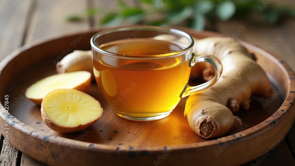 Ginger water accompanied by fresh ginger on a wooden surface. Ginger water accompanied by fresh ginger on a wooden surface.