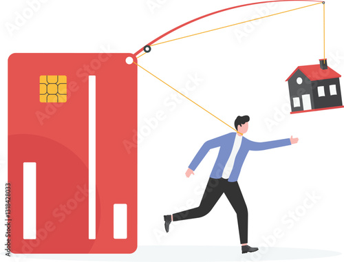 An illustration of a businessman bearing debt and house

