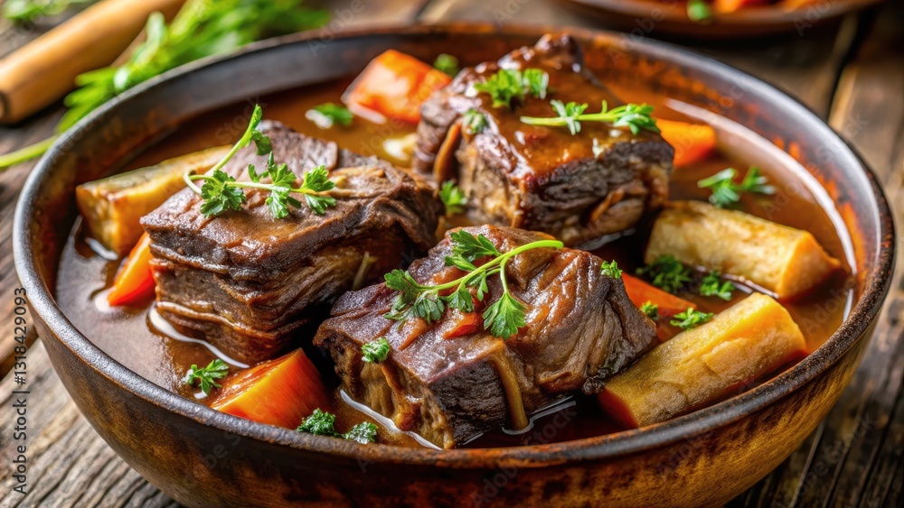 Close-up of tender beef short ribs slow-cooked in a rich vegetable broth, garnished with fresh parsley and thyme, vegetable broth, beef short ribs Close-up of tender beef short ribs slow-cooked in a rich vegetable broth, garnished with fresh parsley and thyme, vegetable broth, beef short ribs