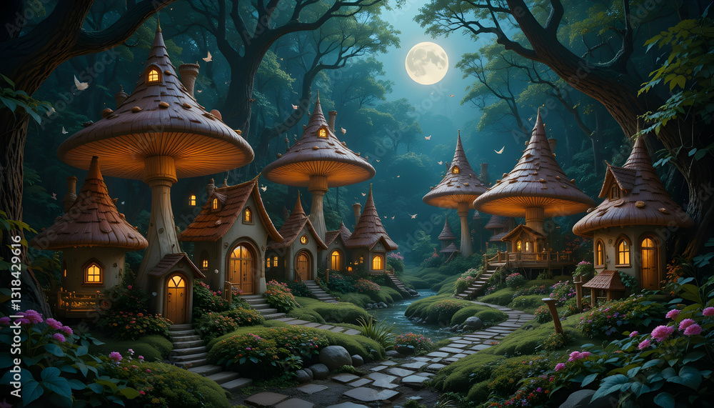 Obraz premium Enchanted Mushroom Village Fantasy Forest Art