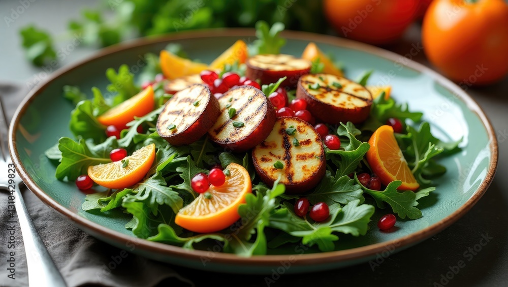 Grilled Halloumi Cheese salad featuring orange, rocket leaves, pomegranate, and pumpkin seeds. Grilled Halloumi Cheese salad featuring orange, rocket leaves, pomegranate, and pumpkin seeds.