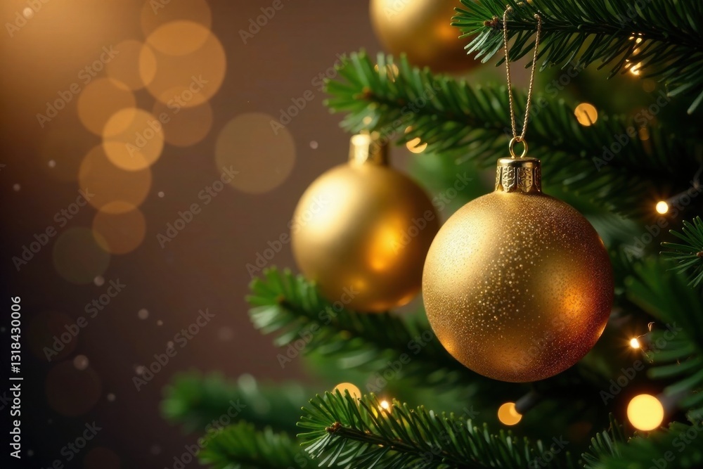 Golden ornaments hanging from a Christmas tree branch amidst twinkling lights, decorations, gold, holiday Golden ornaments hanging from a Christmas tree branch amidst twinkling lights, decorations, gold, holiday