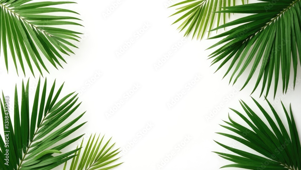 green palm leaf branches on a white backdrop. flat lay, top view green palm leaf branches on a white backdrop. flat lay, top view