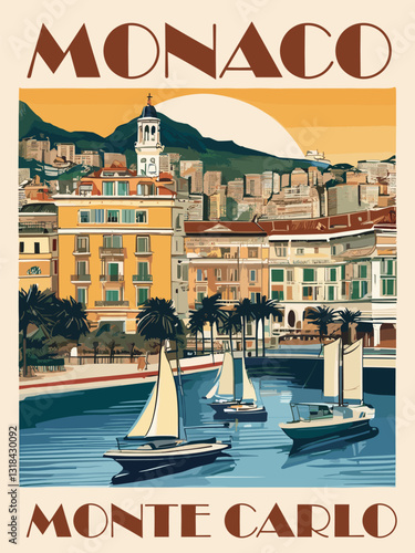 Monte Carlo, Monaco Travel Destination Poster in retro style. Harbor with sailboats digital print. European summer vacation, holidays concept. Vintage vector colorful illustration.