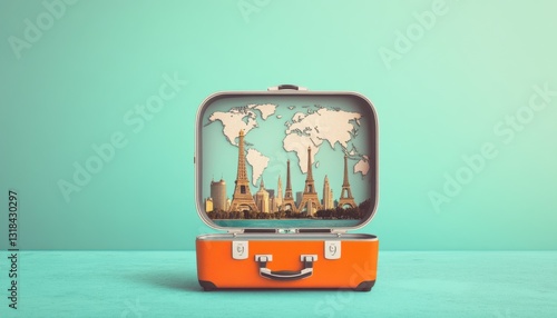 A vintage suitcase reveals a world map and iconic landmarks, symbolizing travel and adventure.