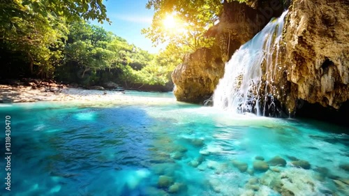 waterfall in the forest with sunlight.