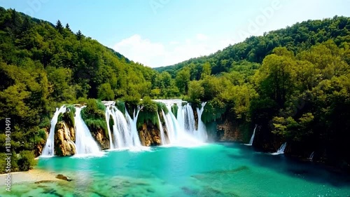 Beautiful waterfall with turquoise water in the forest in sunny day.