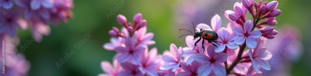 Delicate lilac blooms surround a hidden bronze beetle, blending with nature, insects, garden Delicate lilac blooms surround a hidden bronze beetle, blending with nature, insects, garden