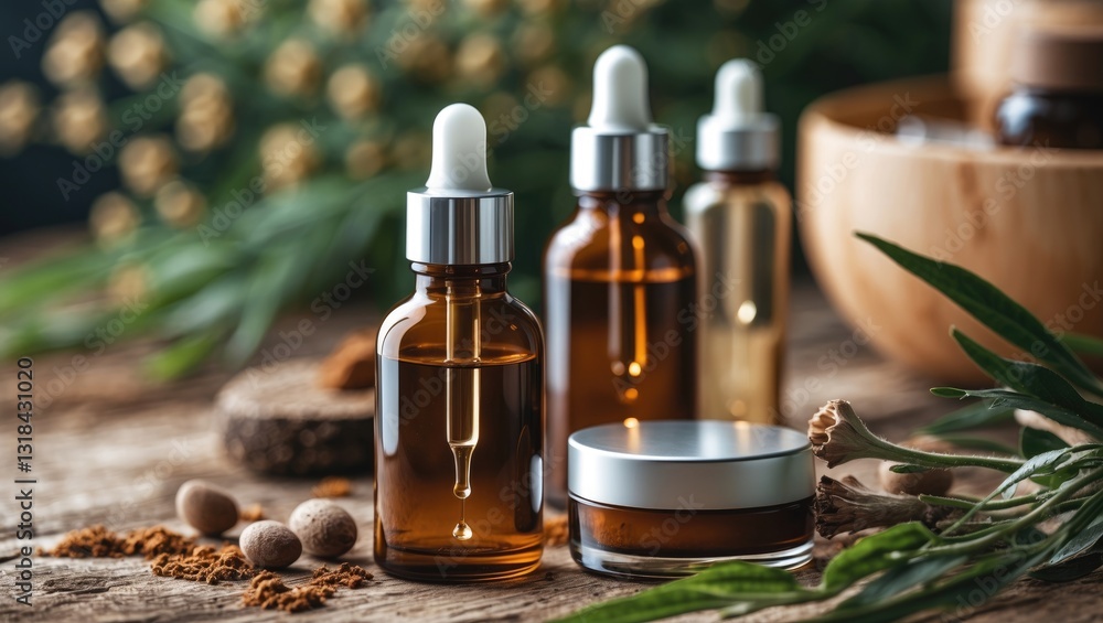 Brown glass cosmetic containers with pipette are placed on a natural background. Organic cosmetics concept. Selective focus. Brown glass cosmetic containers with pipette are placed on a natural background. Organic cosmetics concept. Selective focus.