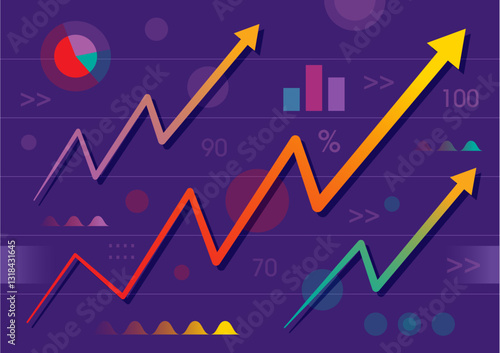 up arrow signs on purple background. statistical chart for growth, economy, finance