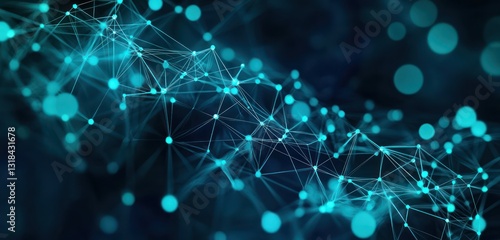 Abstract technology background with blurred teal and navy dots, elevated view.