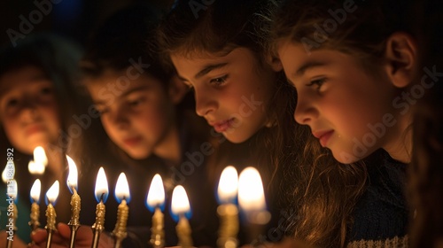 Wallpaper Mural A group gathers around a menorah, their faces aglow with the warm light of Hanukkah candles, embodying tradition and festive spirit. Torontodigital.ca