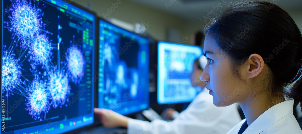 Team of Scientists Collaborating in Control Room Analyzing Data on High-Resolution Monitors Team of Scientists Collaborating in Control Room Analyzing Data on High-Resolution Monitors