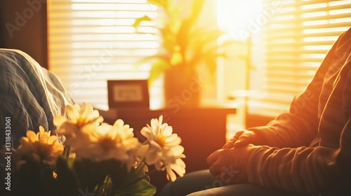 Compassionate Hospital Chaplain Sitting Beside Patient Bed with Flowers and Soft Light