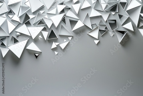 Silver cutout triangles, cascading on gray backdrop, bird's-eye view, high res.