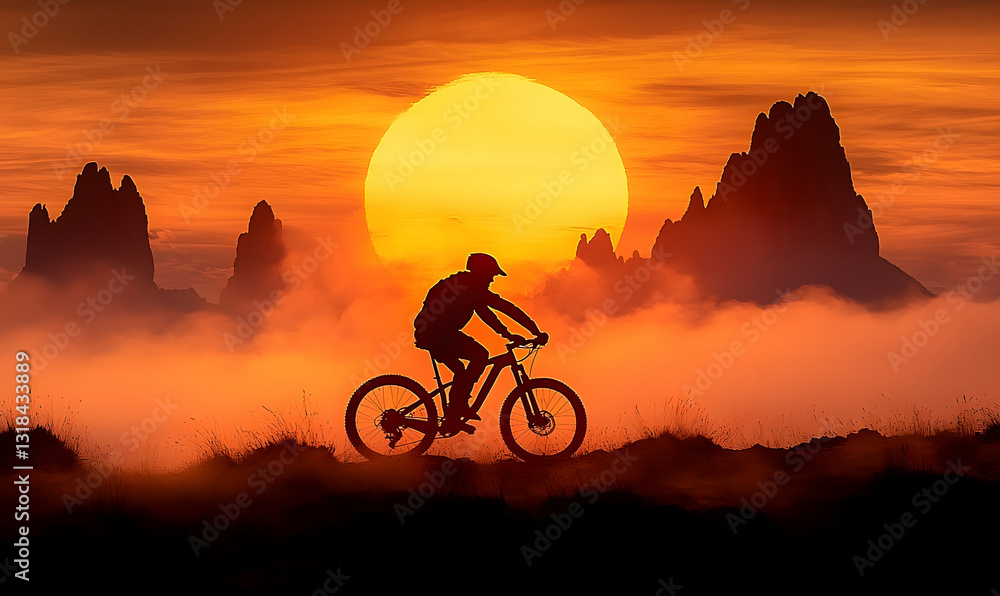 Fototapeta premium Silhouette Mountain Biker Sunset Ride