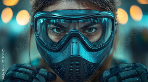 Focused Woman in Airsoft Mask, Night Arena