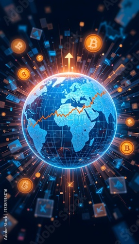 A dynamic digital illustration of a globe surrounded by floating economic graphs. Creative and Futuristic Economic Growth Illustration