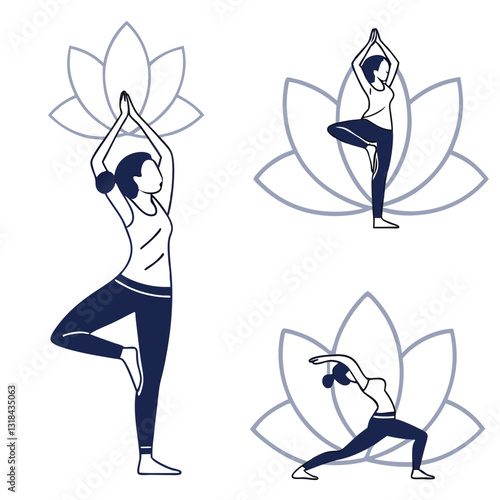 Collection of Young Women Doing Yoga Exercises, Yoga Poses Vector Illustration