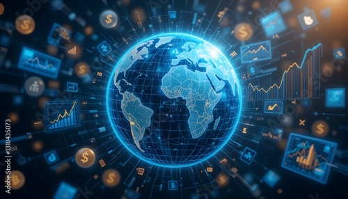 A dynamic digital illustration of a globe surrounded by floating economic graphs. Creative and Futuristic Economic Growth Illustration