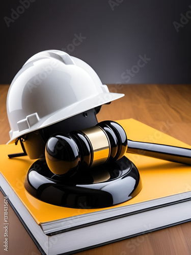 Construction law encompasses the principles of labor law symbolized by the judge s hammer and helmet with copyspace for text photo