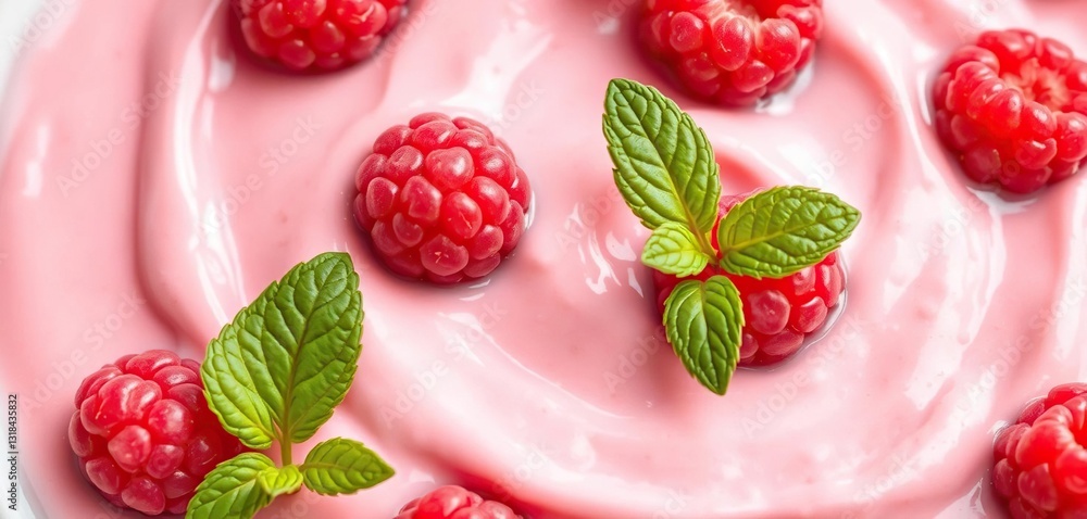 Close-up of creamy pink raspberry yogurt with fresh mint leaves, closeup, vegan Close-up of creamy pink raspberry yogurt with fresh mint leaves, closeup, vegan