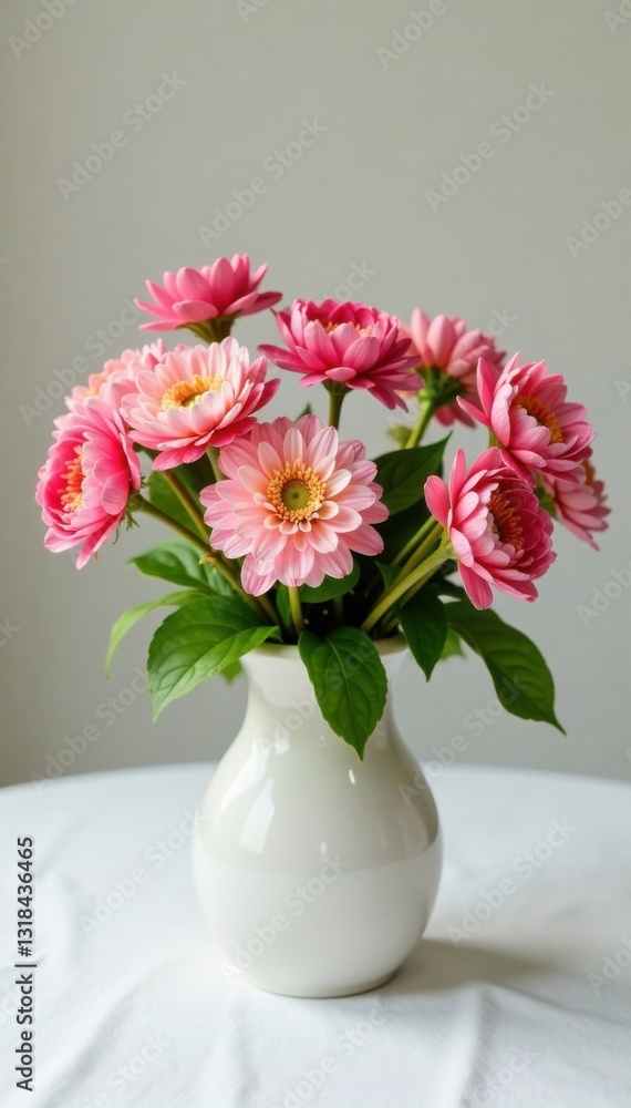 Individual flowers in a vase on white tablecloth, table decoration, colorful, blooms Individual flowers in a vase on white tablecloth, table decoration, colorful, blooms