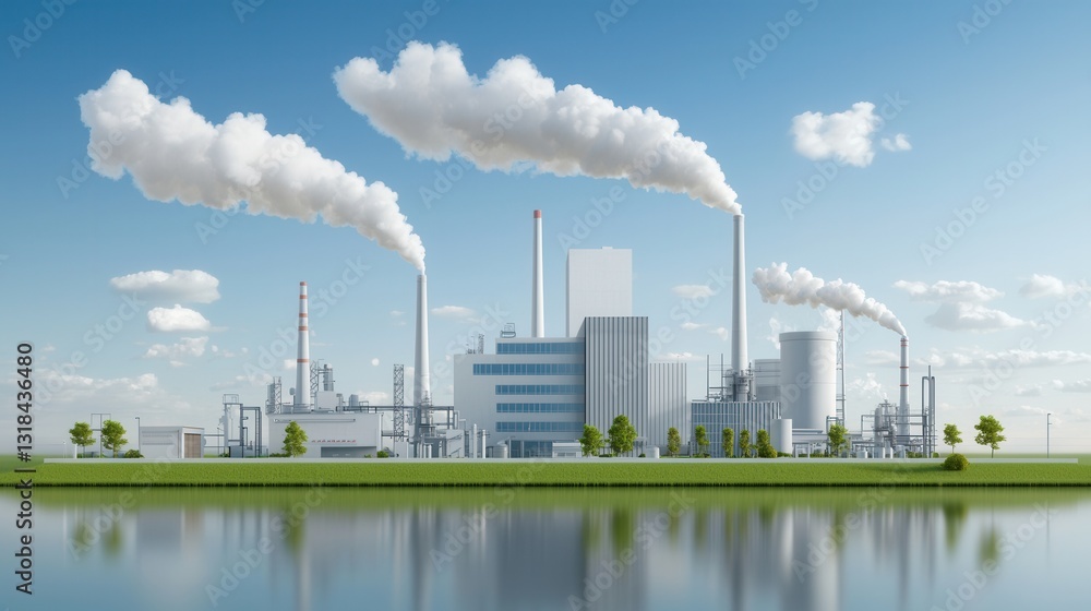 A dynamic flat style showcasing a futuristic industrial power plant landscape with towering smokestacks and chimneys emitting smoke A dynamic flat style showcasing a futuristic industrial power plant landscape with towering smokestacks and chimneys emitting smoke