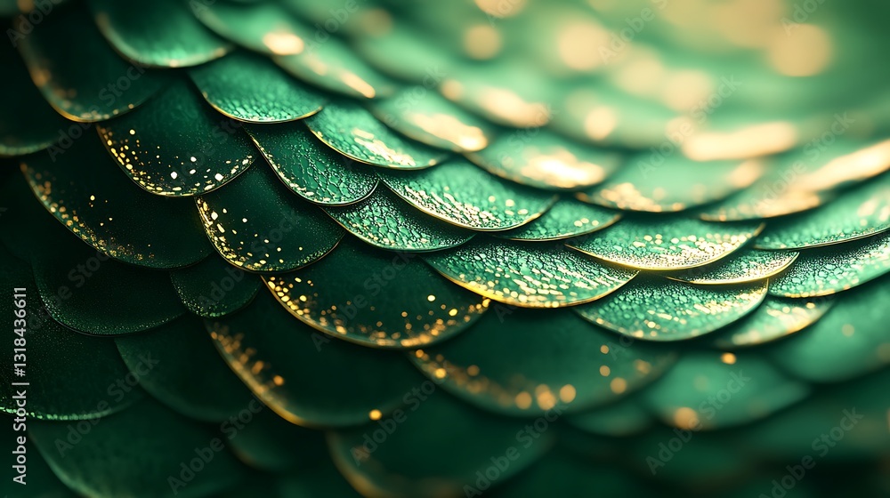 Obraz premium Abstract wave of dragon scales, intricate details in metallic green and golden hues, glowing reflections and smooth gradients, mythical and harmonious design, hd quality. --ar 16:9