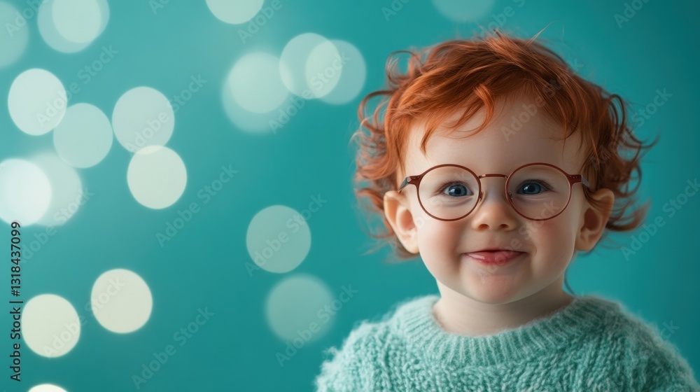 A cheerful toddler with red curly hair and round glasses beams joyfully while standing in front of a vibrant bokeh backdrop A cheerful toddler with red curly hair and round glasses beams joyfully while standing in front of a vibrant bokeh backdrop