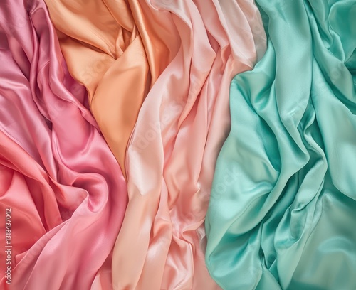 Top-down high-resolution view of satin garments arranged in a spectrum from pink to teal.