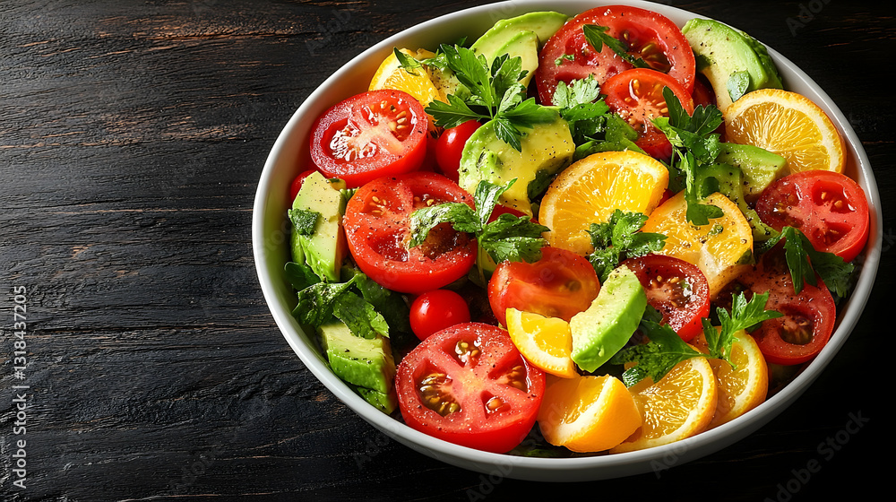 Colorful Fresh Fruit Salad with Sliced Tomatoes Avocado and Oranges Colorful Fresh Fruit Salad with Sliced Tomatoes Avocado and Oranges