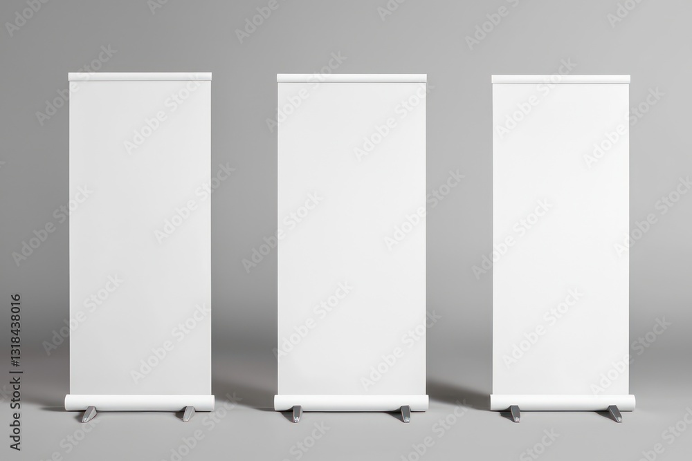 Grey backdrop sets off three white roll-up banner stands. Grey backdrop sets off three white roll-up banner stands.
