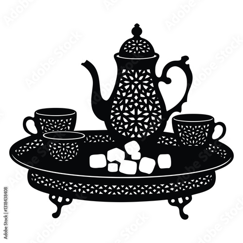 Persian Tea Set with Rock Candy Silhouette, Vector, Icon, Logo, White Background.